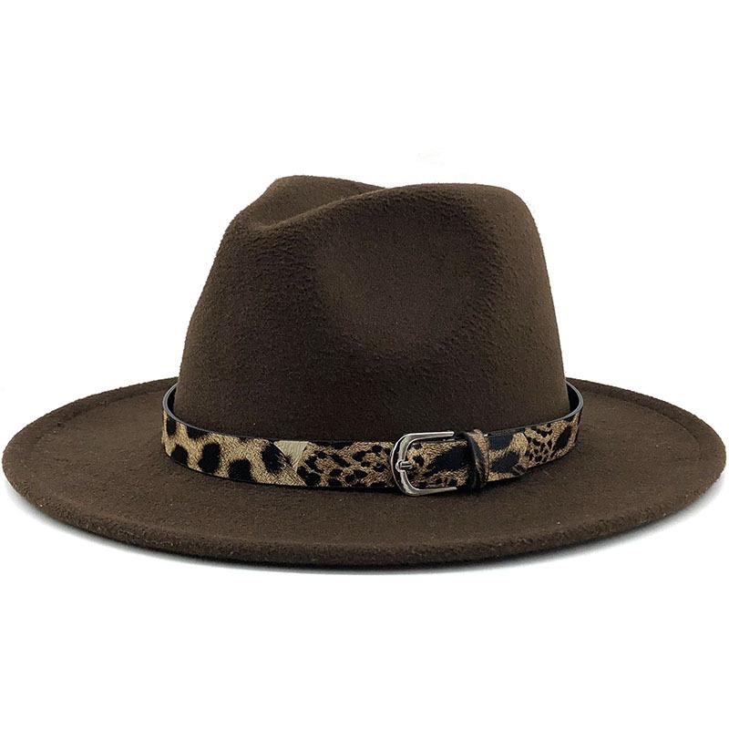 Fashion leopard print belt woolen top hat ladies jazz hat autumn and winter versatile felt hat flat edge top hat church hat