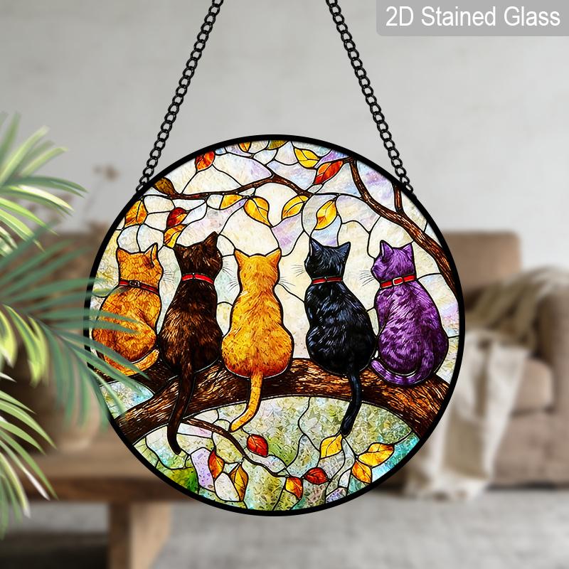 2D Flat Stained Glass 5Cats on A Branch Window Decoration, 7.87inches Cute Colored Glass Plate with Chain, Summer Sun Catcher Home Decor, Unique