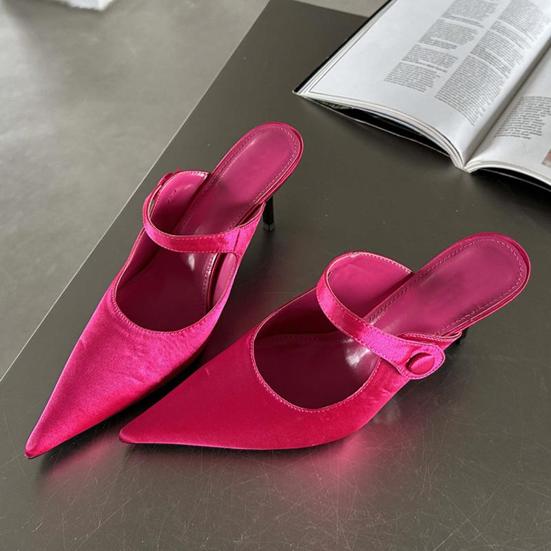 Eilyken Satin Button Pointed Toe Mules Pumps Women Slipper Shallow Thin High Heels Ladies Shoes