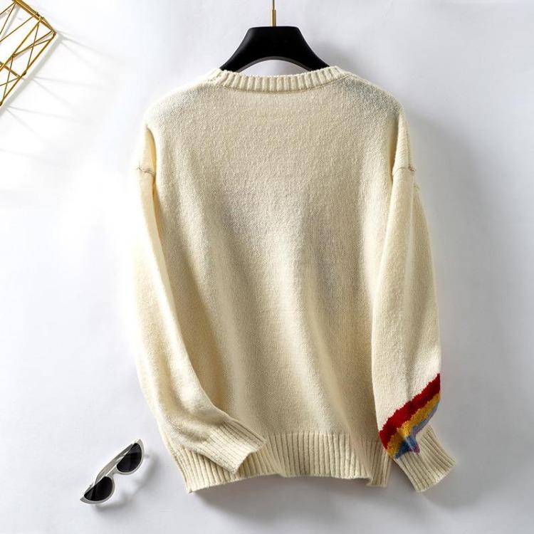 Loose Knitwear Vintage Cardigan Long Sleeve O Neck Top for Autumn Winter Print Sweater