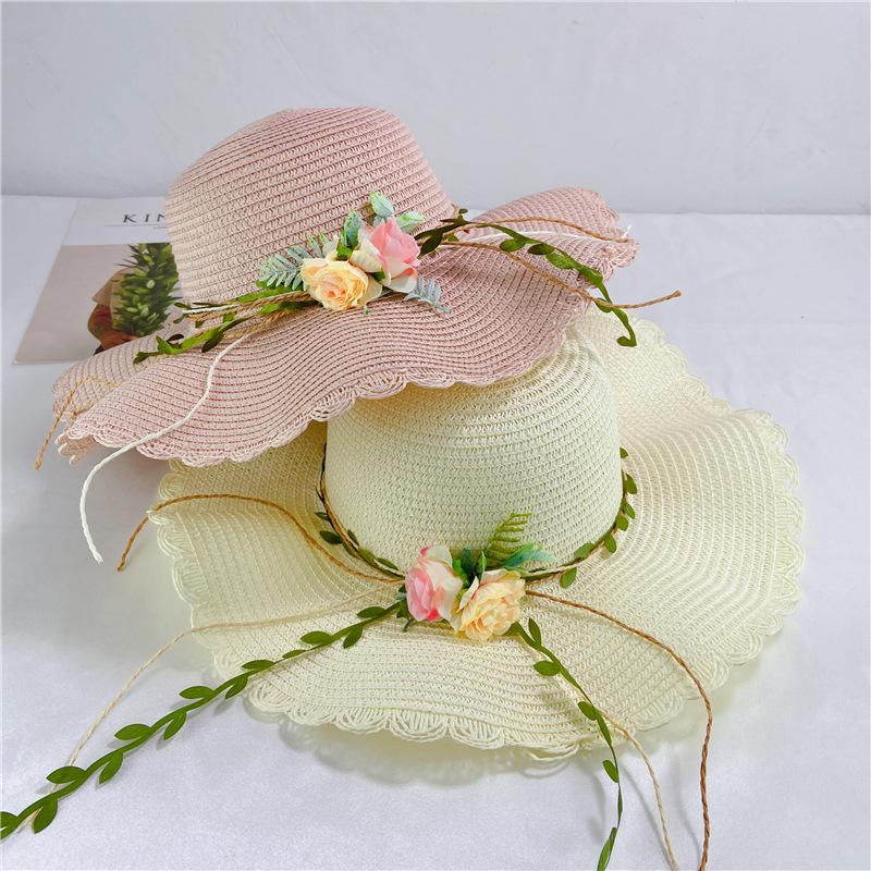 Summer flower straw hat women's foldable wavy edge small fresh big brim sun hat travel sun protection seaside beach hat