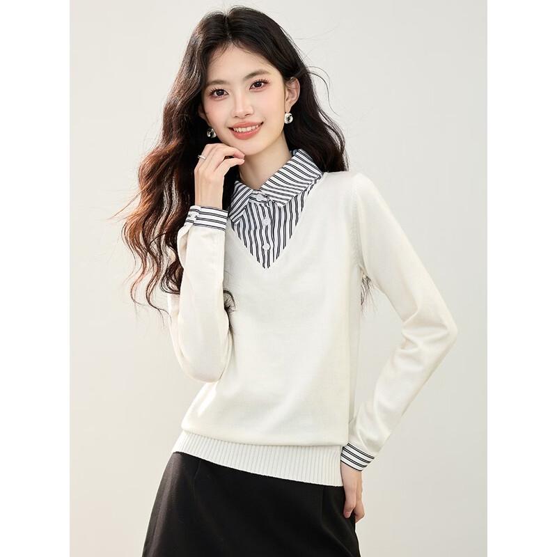 La Chapelle Women's Striped Faux Two-Piece Long Sleeve T-Shirt