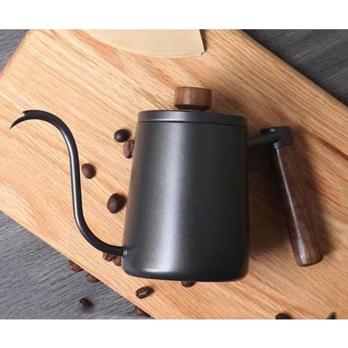 SOVIFKI Coffee Drip Pot with Measuring Cup, Walnut Wood Handle, Coffee Pot for Camping, Open Fire, with Lid, 580ML Stainless Steel Drip Kettle, Small,
