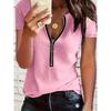Solid Color Zipper Round Neck Short Sleeved Loose Casual Women's Top Base T-shirt Comfortable and Fashionable