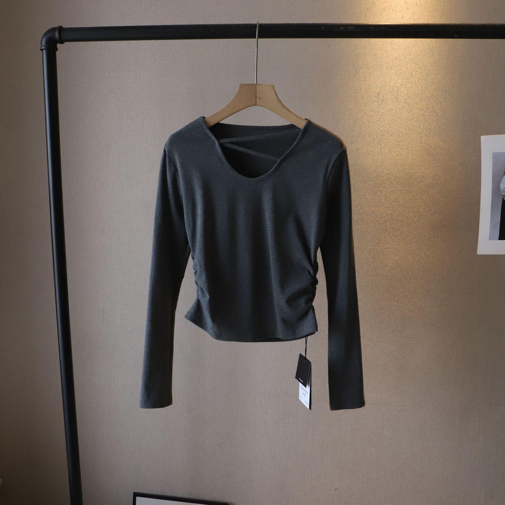 

[Би Чжэн] Весна 2025 Корейский стиль Плиссированная талия Приталенная Футболка с длинным рукавом женская One Size светло-серый