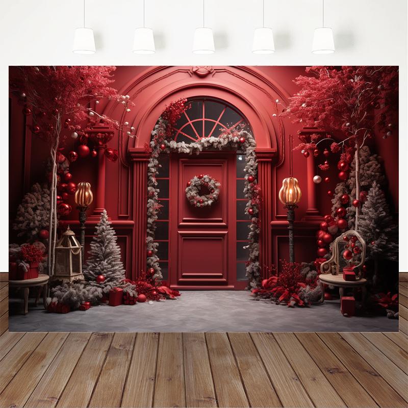 Mocsicka Christmas Red Door Background For Photography Xmas Tree Adult Kids Children Backdrop Banner Decoration Studio Photozone
