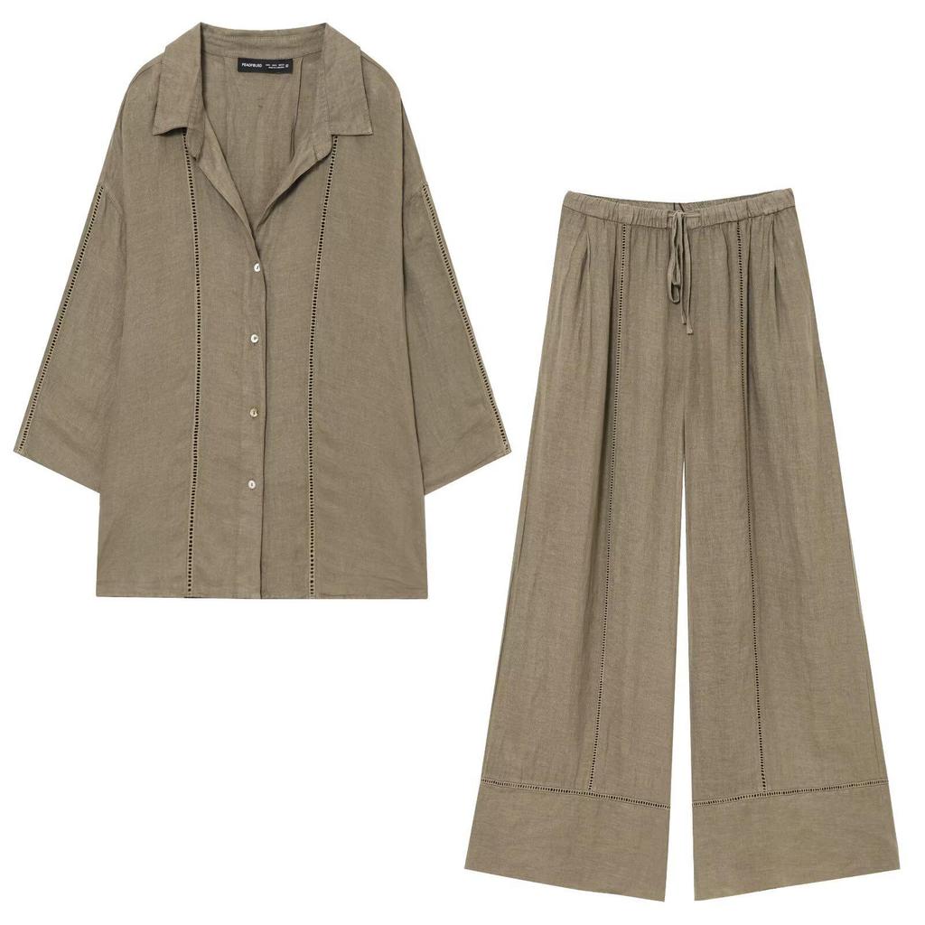 Spring 2025 Women's Linen V-Neck Long Sleeve Shirt & Wide-Leg Pants Casual Set