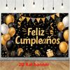 2D Plane, 1 Spanish Birthday Flag - Polyester Material Black and Gold Birthday Celebration Flag, Suitable for Birthday T