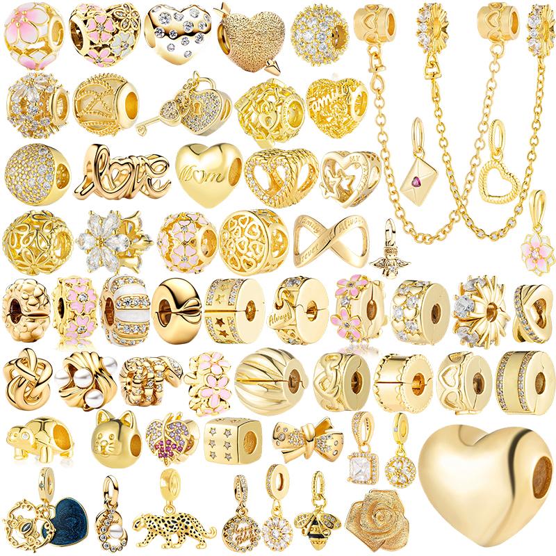 Gold Plated Heart Flower Clip Charm Beads Dangle For Snake Bracelet Necklace DIY Jewelry Women Gift Sparking