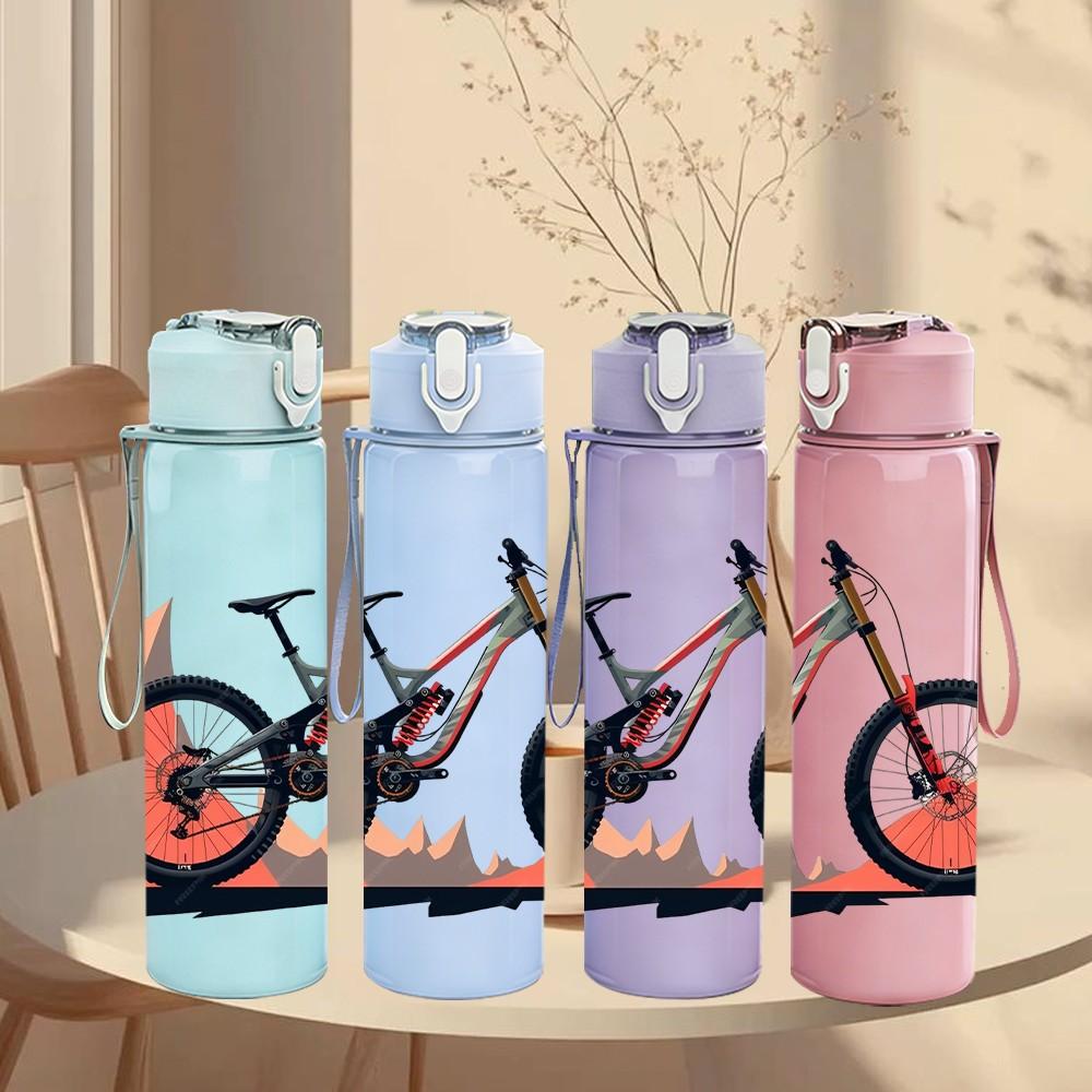 1PC Mountain Bike Outdoor Sport Print 750ml Color Plastic Sports Water Bottle Leakproof Flip Straw Lid Suitable for Sports Office Home Use