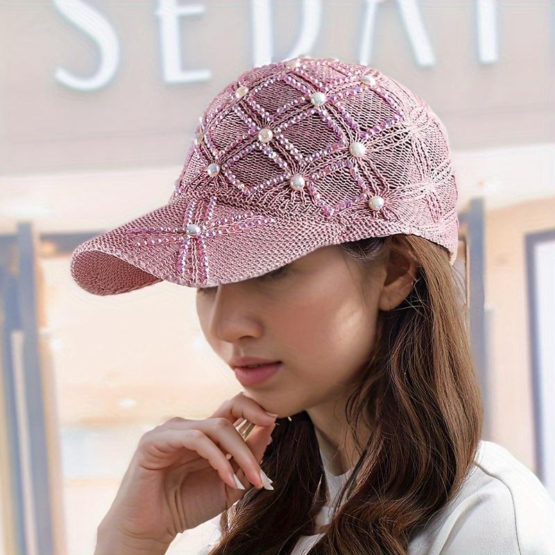 1pc of Four-Leaf Flower Pearl Hat for Women, Stylish And Versatile with Pearl And Rhinestone Mesh, Adjustable Summer Baseball Cap