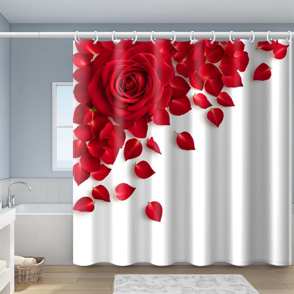Einfache rote Rosenblätter Duschvorhang Waschbar Schmutzabweisend Duschkopf Wasserdicht Polyester Badvorhang für Heimdekoration