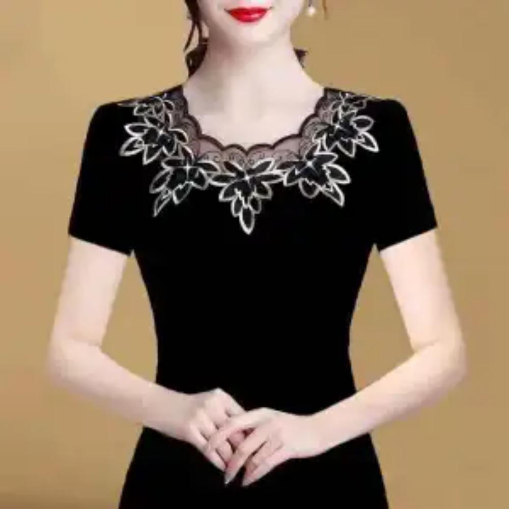 Elegant Black & Golden Floral Lace Beaded Embroidery Blouse Sheer Short Sleeve Fitted Summer Top for Women
