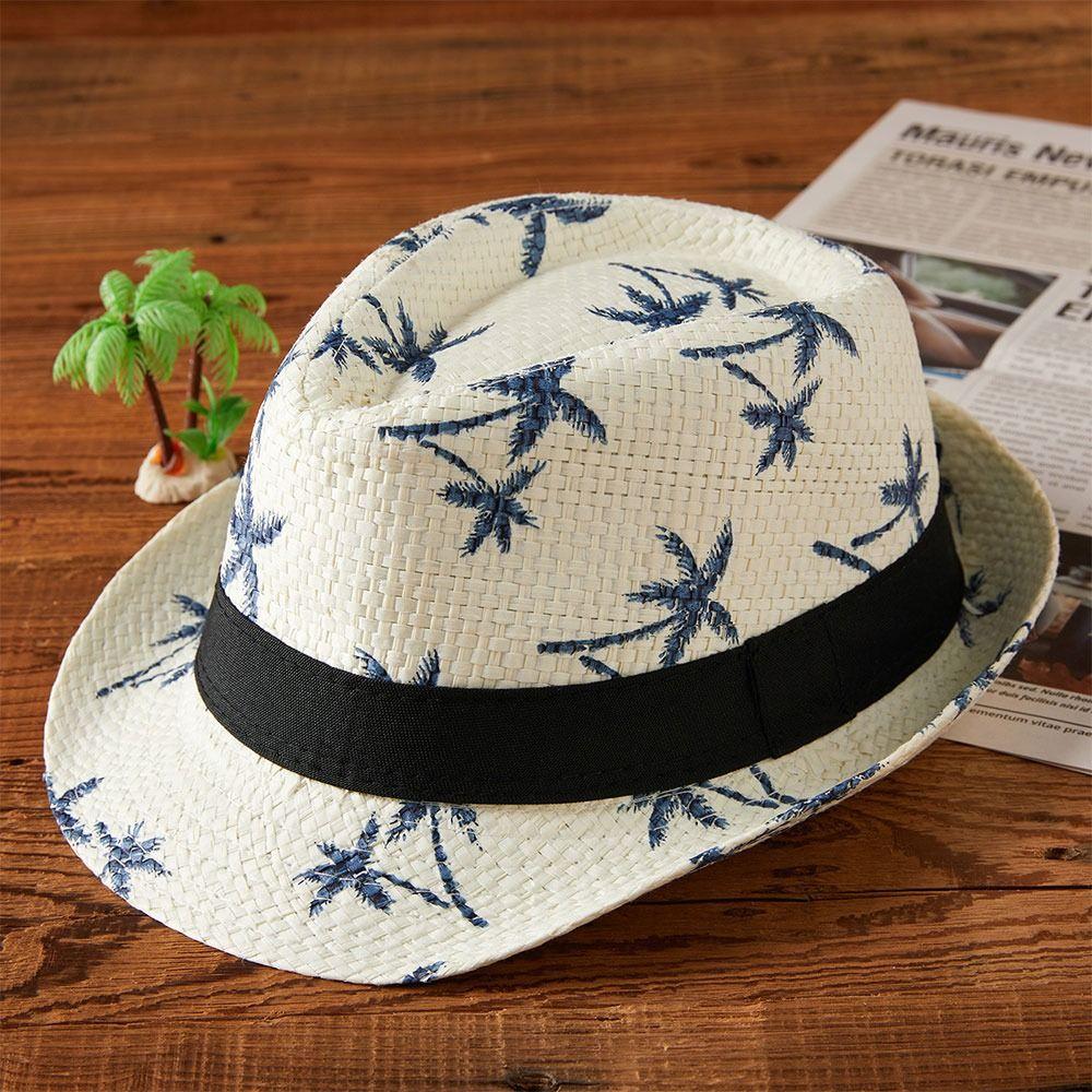 Wide Brim Beach Cap Coconut Trees Pattern Panama Cap Summer Jazz Hat  Children Kids