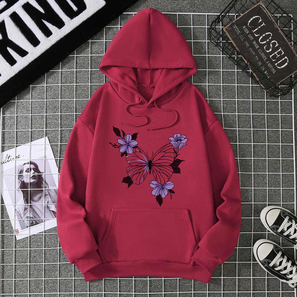European and American Basic Butterfly Printing Casual Hooded Sweater Women's Autumn and Winter with the Same Versatile Loose Top