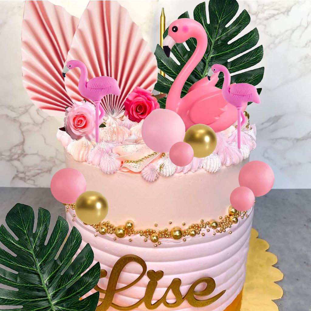 Flamingo Cake Decoration Palm Leaves Cake Topper Gold Pink Balls Cake Decor Rose Cake Topper Flamingo Tropical Party Supplies