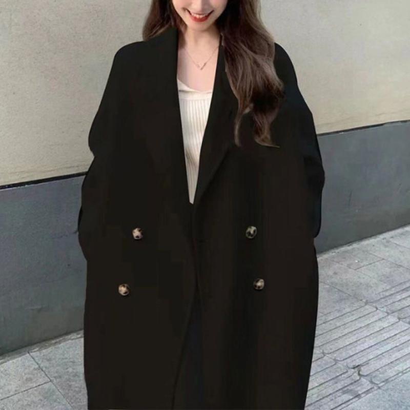 

Женское студенческое шерстяное пальто средней длины Осень Зима Прямое Свободное Длины до колена Двубортное Ленивое Толстое Тренч M чёрный