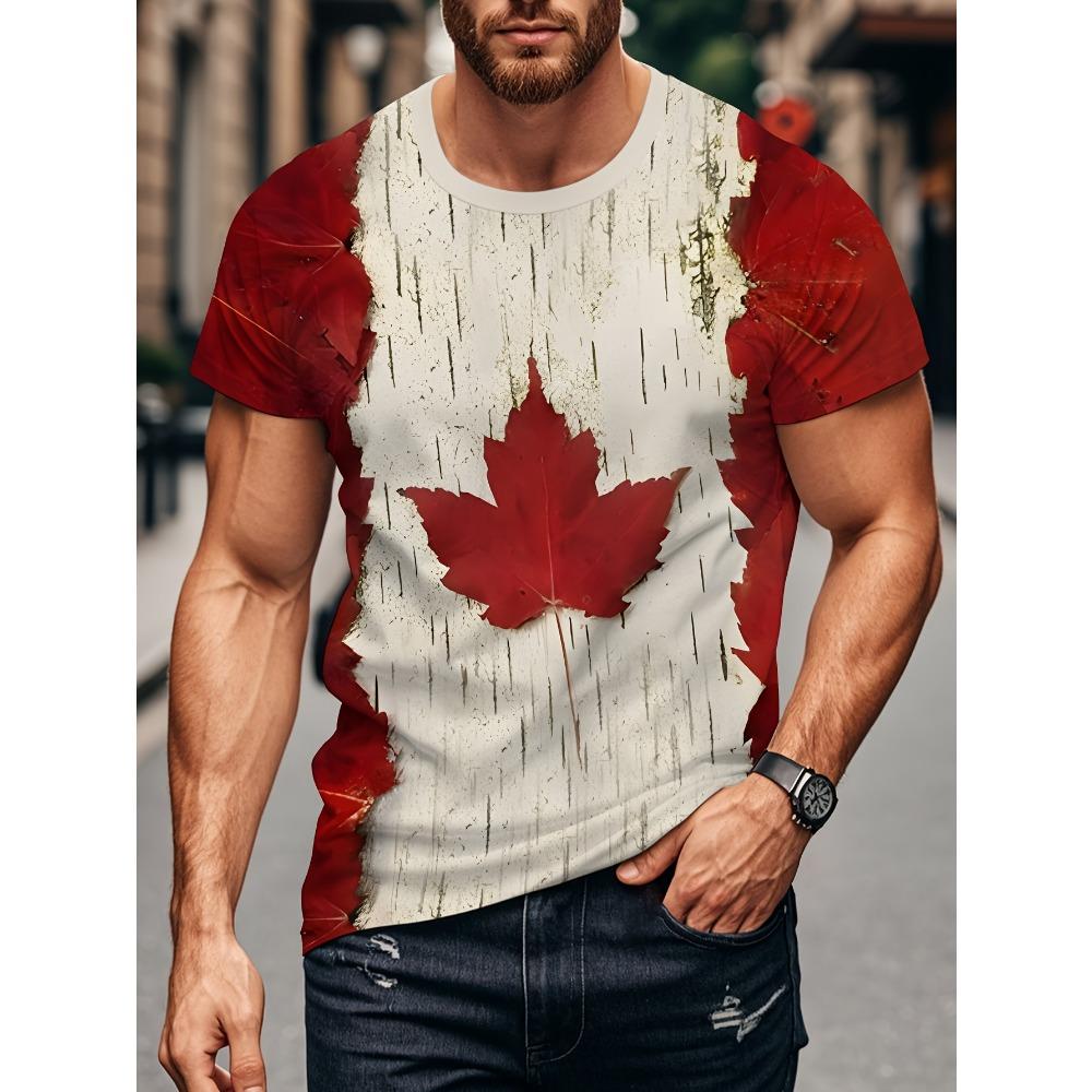 

3D printed maple leaf T-shirt, red and white casual fashion style 5XL