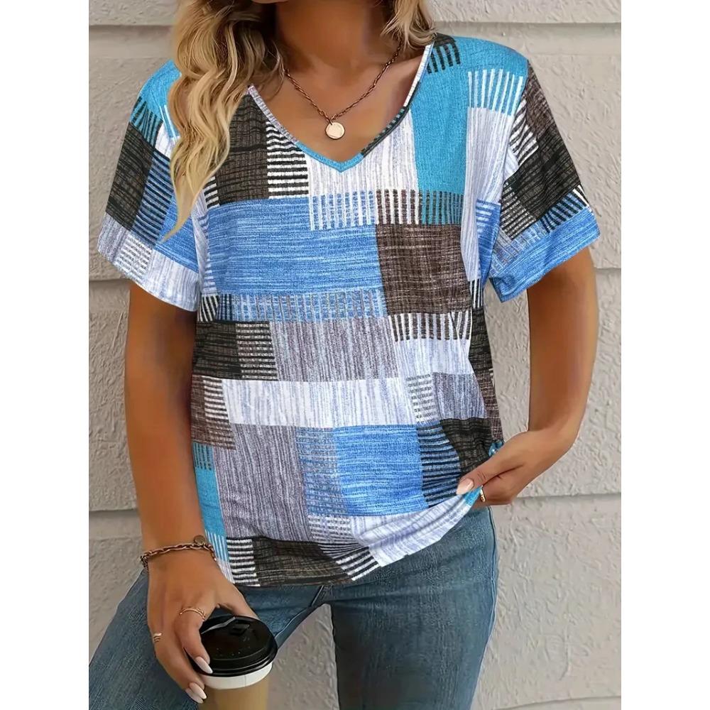 Summer plaid women's V-neck T-shirt outdoor casual short-sleeved top