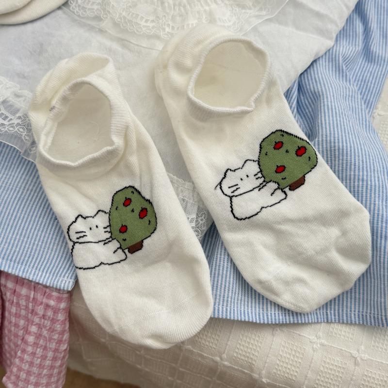 

Летние мультяшные носки-следки с котиками для женщин, хлопковые короткие носки с нескатывающейся пяткой, дышащие бесшовные носки 1 pair