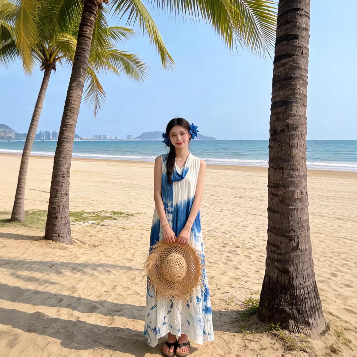 

Yunnan Dali Tie-Dye V-Neck Cotton Linen Summer Dress (M2643) One Size