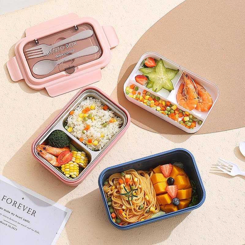Nordic-Style Stainless Steel Lunch Box with Compartments, Fork, and Spoon - Microwave Safe