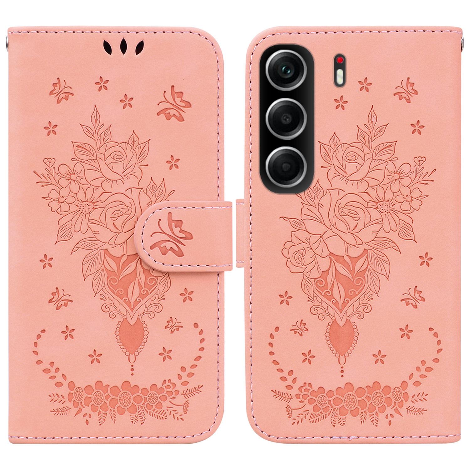 

Для TECNO Camon 40 4G Чехол Кошелек из ПУ кожи с оттиском бабочки и цветка Чехол для телефона со шнурком Pink