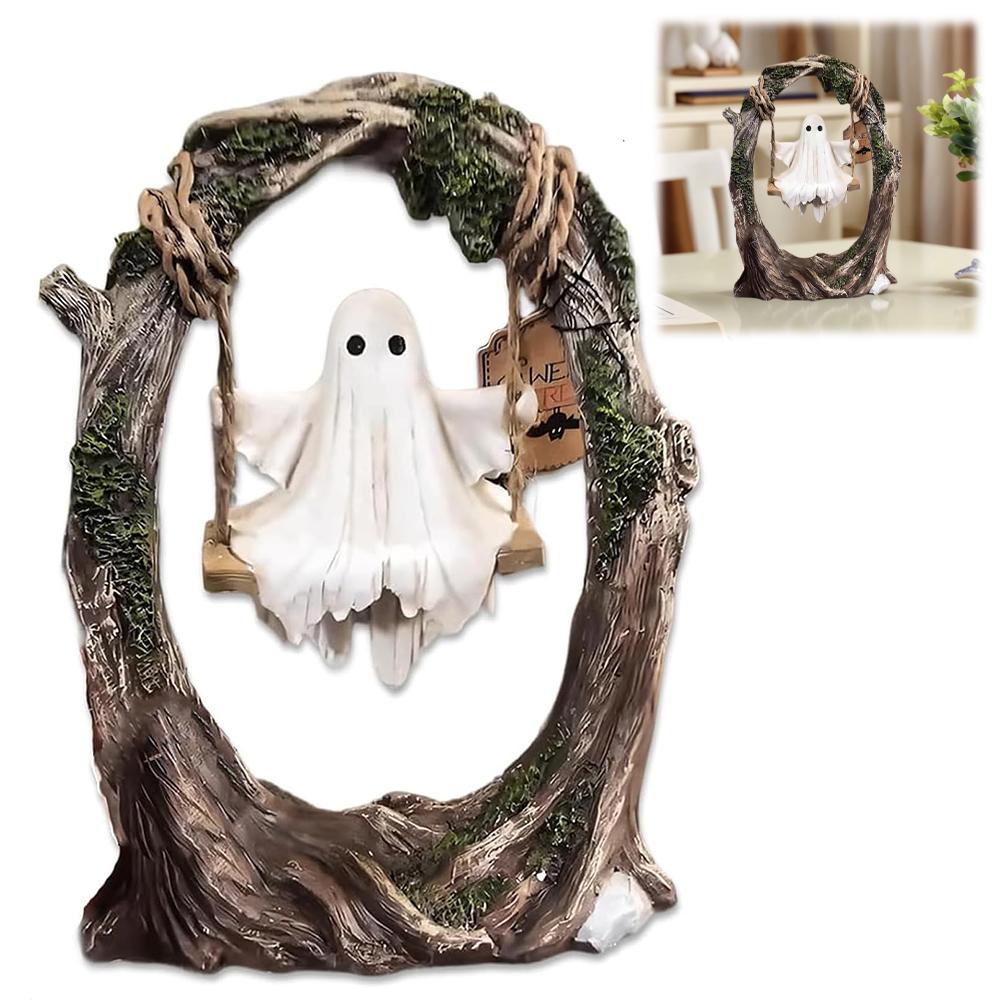 Swinging Ghost Ornament Resin Cute Spooky Halloween Figurine Multi-Purpose Small Ghost Figurine for Indoor Outdoor Porch