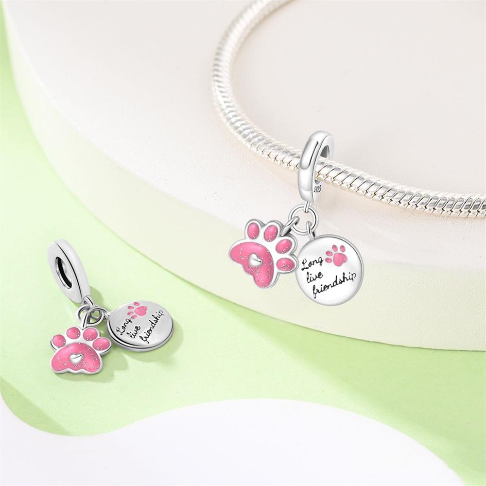 Original Copper Charms Luxury Pink Cat Paw Pendant Round Shape Beads Fit Bracelet Diy Women Making Delicate Gift