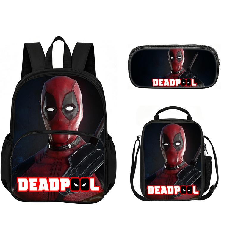 Deadpool  School 3Pcs Set with Front Pocket Backpack+lunch Bags+Pencil Bag Fashion Schoolbag Backpack Trend Kids Gift