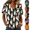 Womens Casual V Neck Pullover Top Halloween Print Short Sleeve Lightweight Blouse for Daily Wear