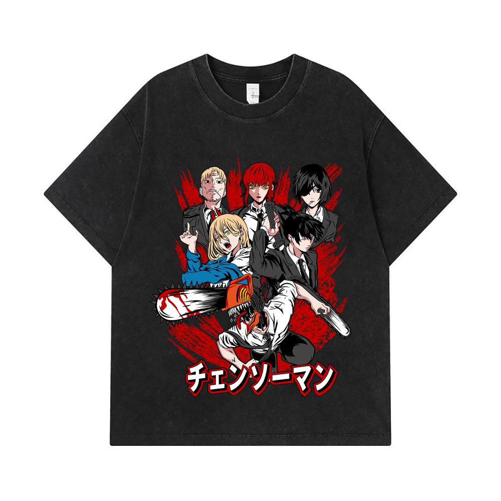 275 GSM Washed T-shirts 100% Cotton Chainsaw Man V19 Print Unisex Heavy Cotton T Shirt