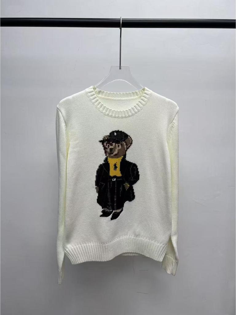 2025 R.L Wool Blend Cartoon Bear Round Neck Sweater - Women's Autumn/Winter Versatile Embroidered Style