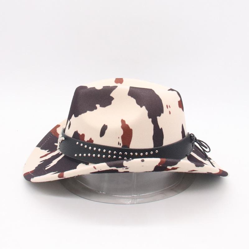 Cow Pattern Jazz Style Retro Sunshade Sunscreen Mountaineering Hat Printed Upturned Brim Hat European and American New Western Cowboy Hat