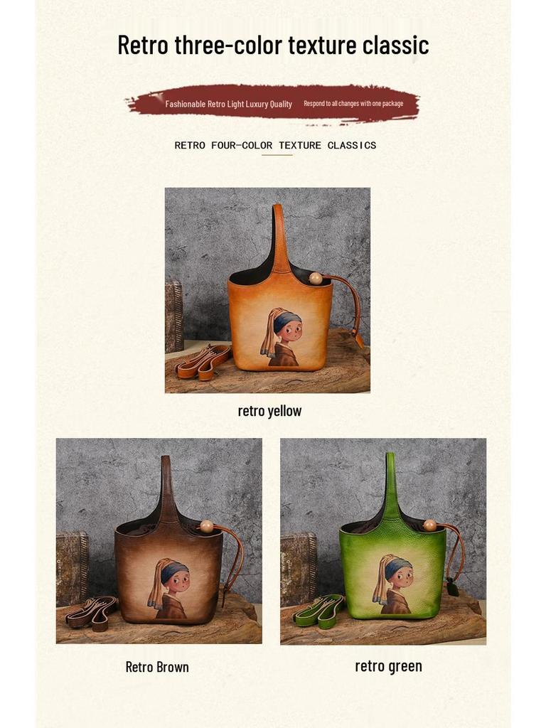 Vintage Floral Print Handmade Cowhide Leather Bucket Bag