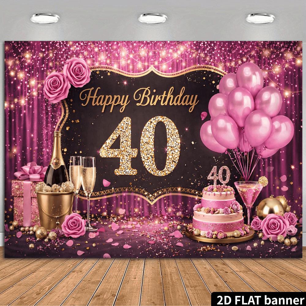 2D plane 40th birthday party backdrop - Pink and gold theme, for celebrating 40th birthday, made of polyester material