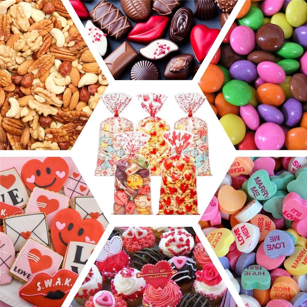 Valentine’s Day Cellophane Treat Bags, 100pcs Clear Goodie Bags With Twist Ties, Valentines Candy Gift Bags For Kids Party Favors (4 Styles)
