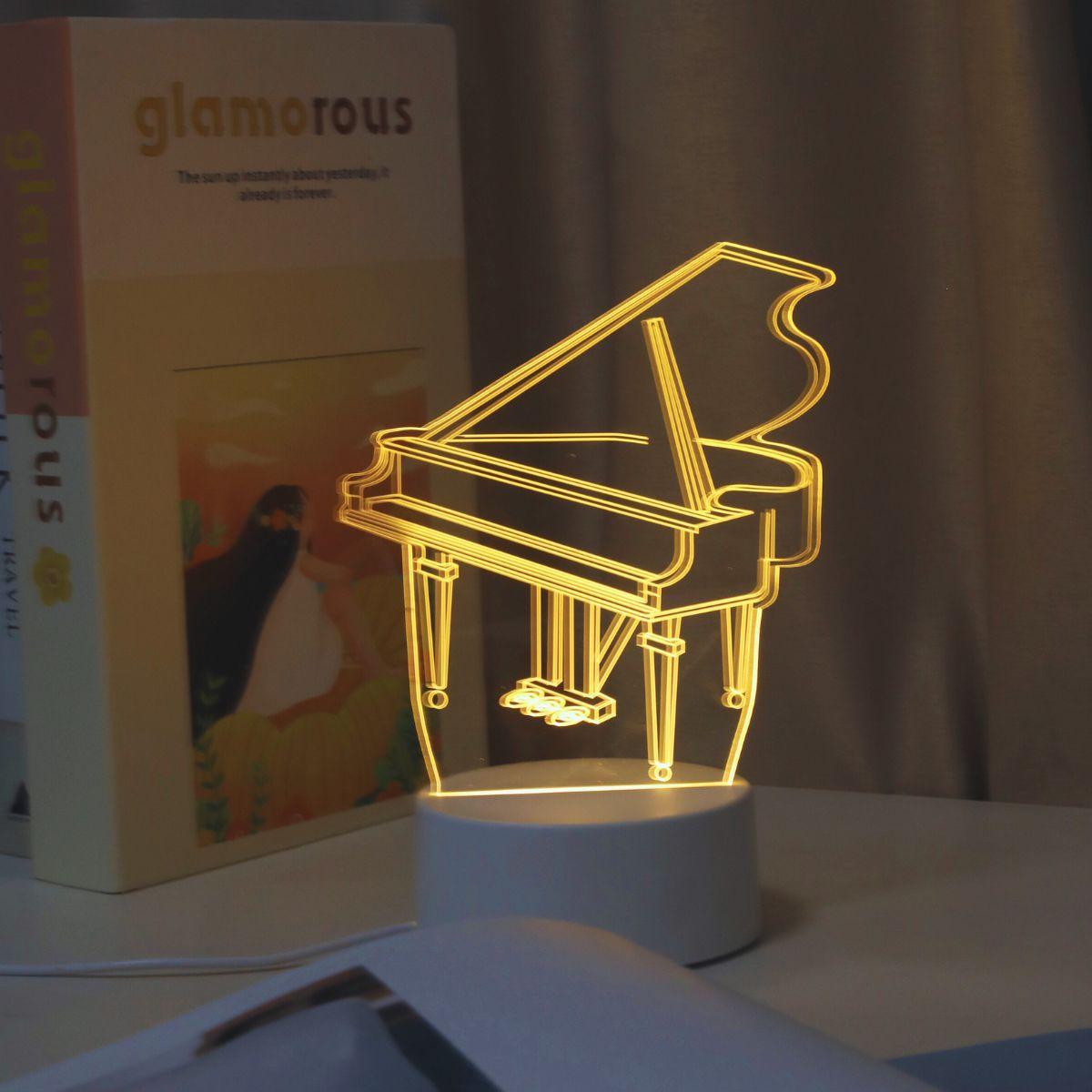

Piano 3D night light, bedroom and study atmosphere decoration USB warm color light, Thanksgiving, holiday gift for friends. WHITE жёлтый
