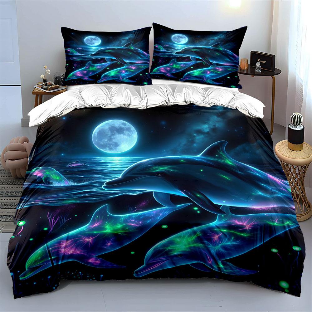 Neon Dolphins Under Moonlight Bedding Set For Kids Luxury Gift 3Pcs Digital Print Comforter Set Soft Comfortable Breathable