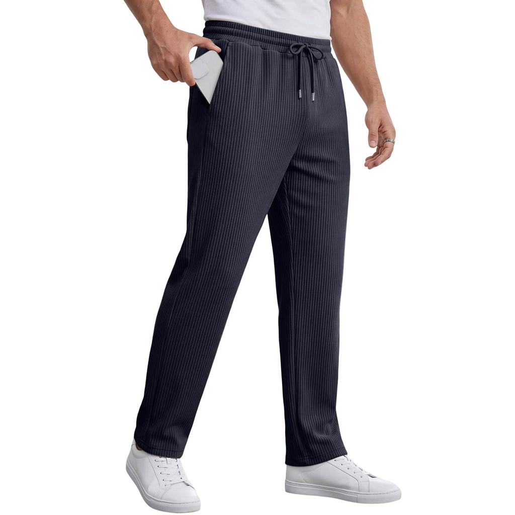Men's Casual Loose Fit Straight Leg Pants with Drawstring and Stripes for Spring and