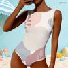 Women Plus Size High Round Neck Sleeveless Navy Blue Geometric Printed One Piece Swimsuit