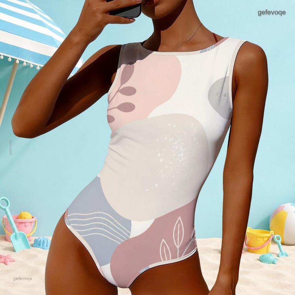 Women Plus Size High Round Neck Sleeveless Navy Blue Geometric Printed One Piece Swimsuit