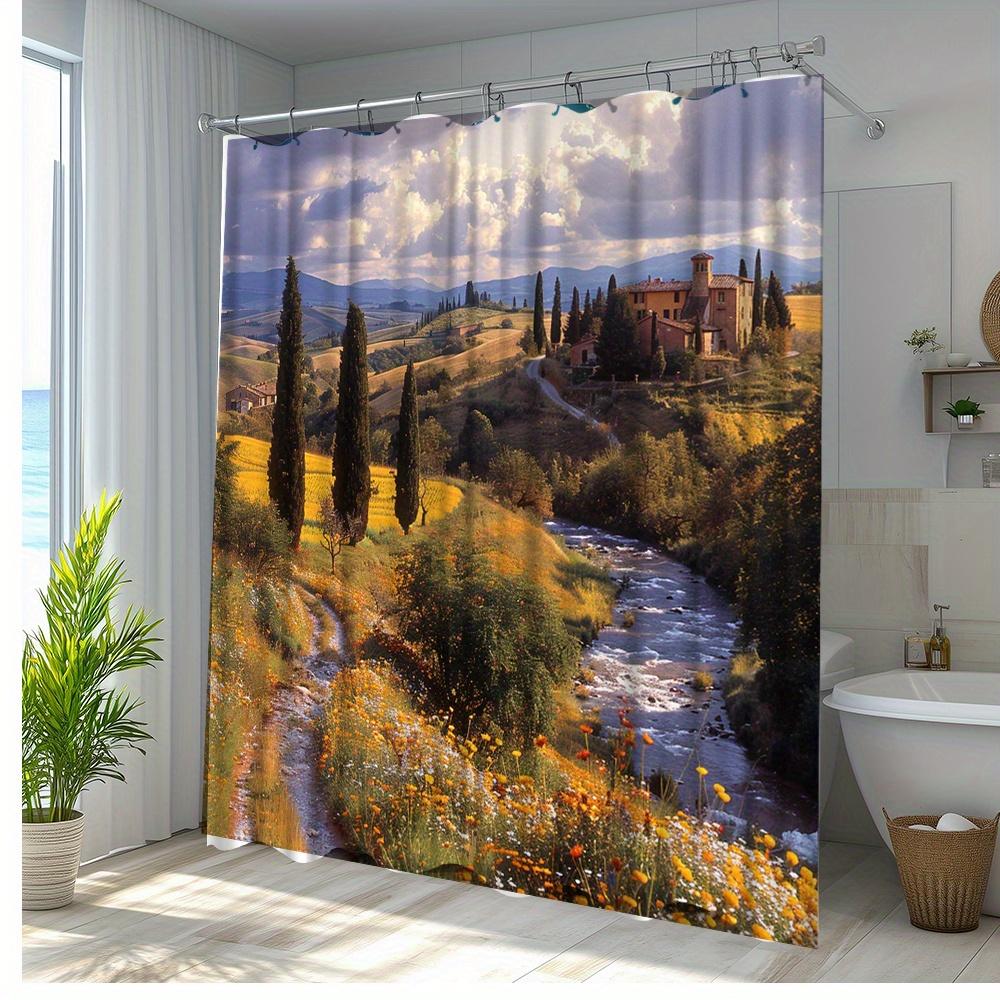 1pc Scenic Landscape Shower Curtain with Tuscany Countryside Design, Polyester Fabric, 70. 8x70. 8 Inches, Includes 12 Hooks,
