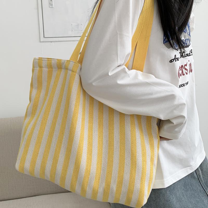 1Pcs Female Daily Shopping Bags Simple Striped Women'S Canvas Casual Shoulder Bags Fashion Large Capacity Ladies Tote Handbags