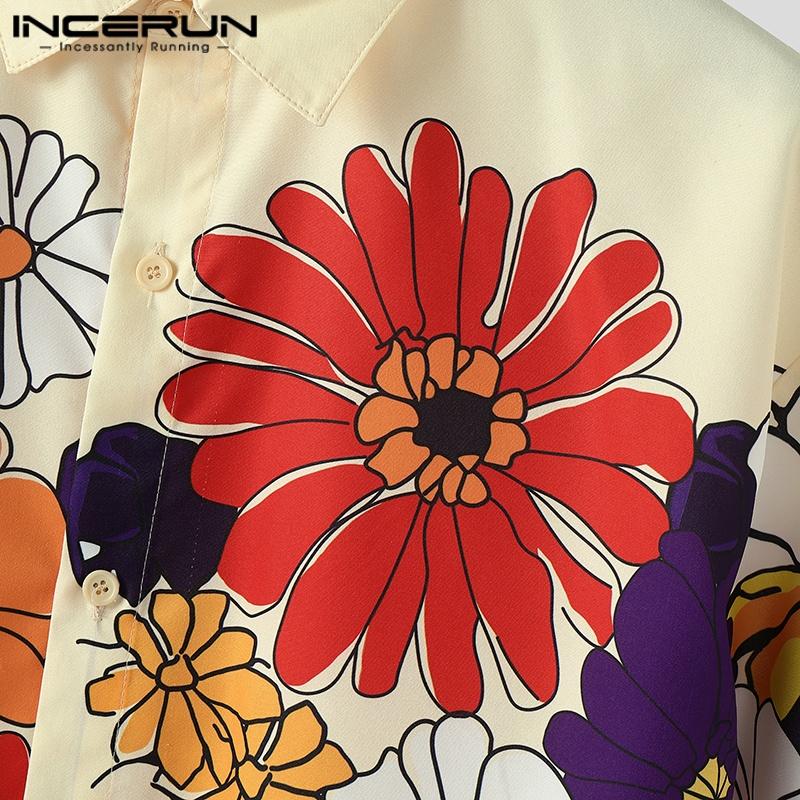 INCERUN Cămăși și topuri casual supradimensionate pentru bărbați, cu guler rabatat, mâneci 3/4, nasturi și imprimeu floral, pentru vacanță