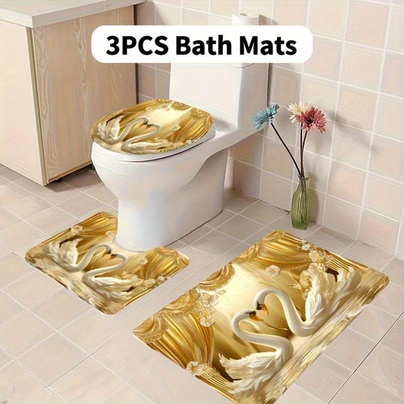 1/4 Stück Badezimmer Duschvorhang Set Golden 3D Schwan Druck Badezimmer Vorhang Mit 12 Haken Rutschfeste Teppiche WC-Deckel Matte Badezimmer Trennwand