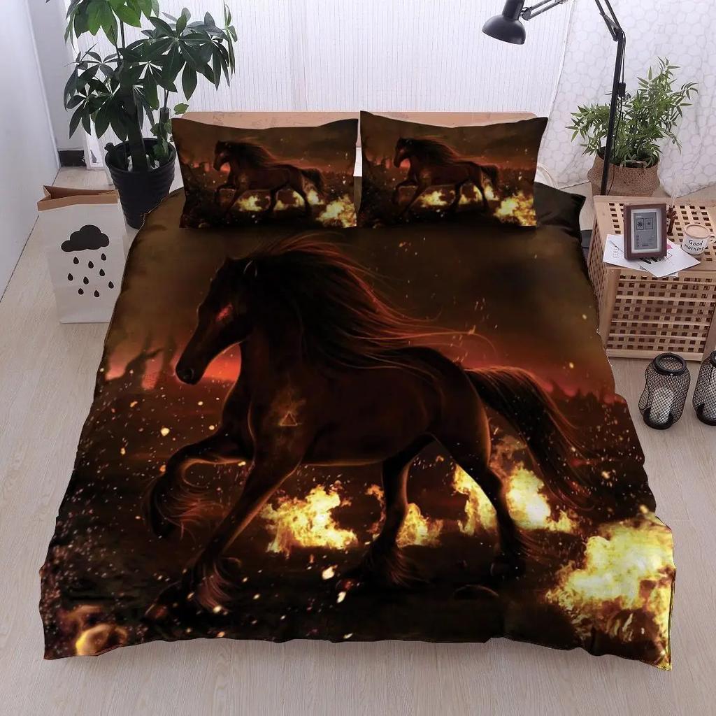 Ice And Fire Riding Horse Duvet Cover Set King SizeFlame Horsing Bedding SetWestern Cowboy Exotic Farmhouse Comforter Cover