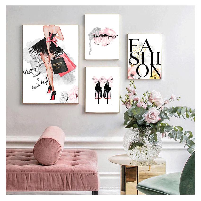 Canvas Art Print Sexy Lips Paintings High Heels Posters Pink Flower Wall Pictures Home Decor Fashion Poster Women Perfume Makeup