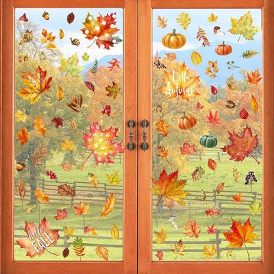 Thanksgiving Window Stickers Autumn Leaves Squirrel Pumpkin Cartoon Window Door Stickers Background Decoration Sticker