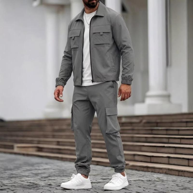 Herren S Einfarbig Langarm Jacke Hose Mehrere Taschen Lässig Arbeitskleidung Zweiteiliges Set